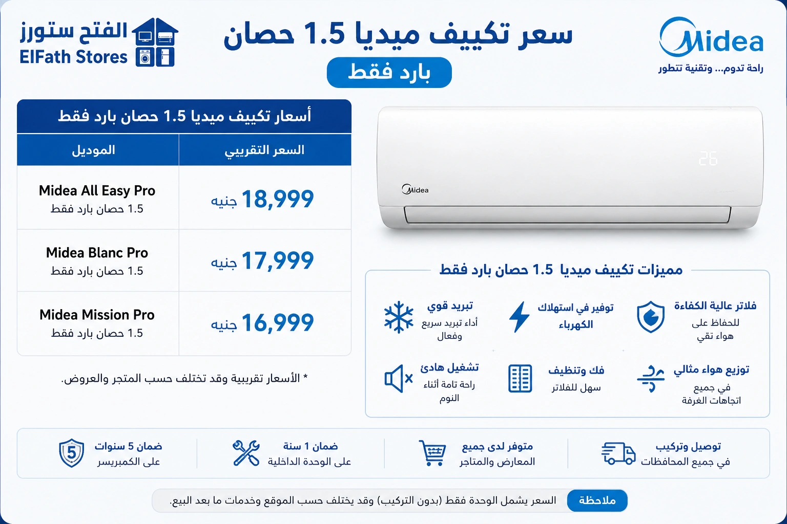 سعر تكييف ميديا 1.5 حصان بارد